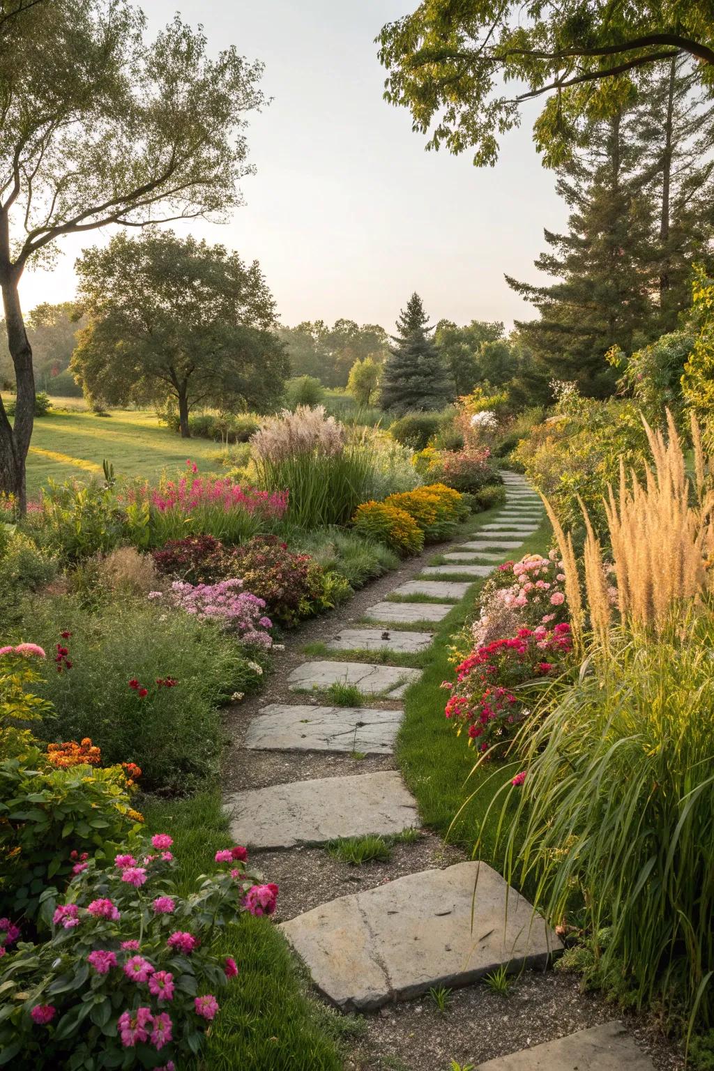A charming garden path with stepping stones leading through lush greenery.