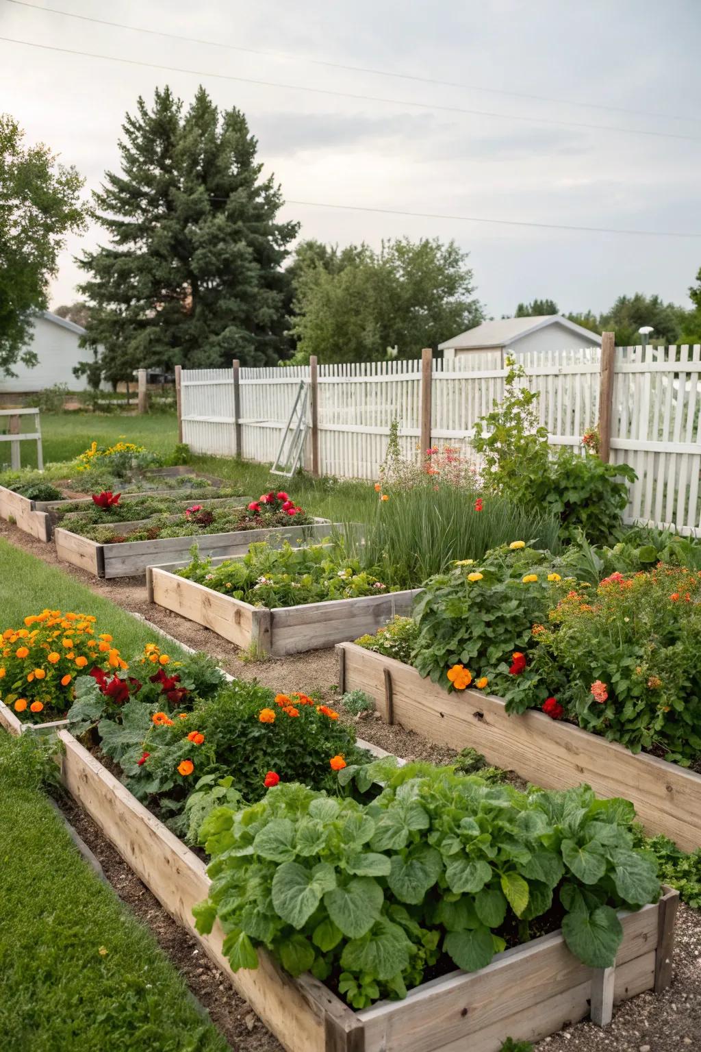Raised garden beds filled with thriving vegetables and flowers.