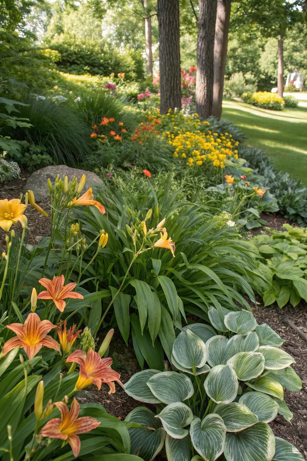 A vibrant perennial flower bed with colorful daylilies and hostas.