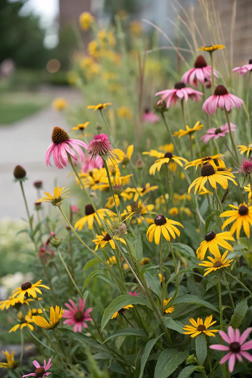 A garden bed bursting with native coneflowers and black-eyed Susans.