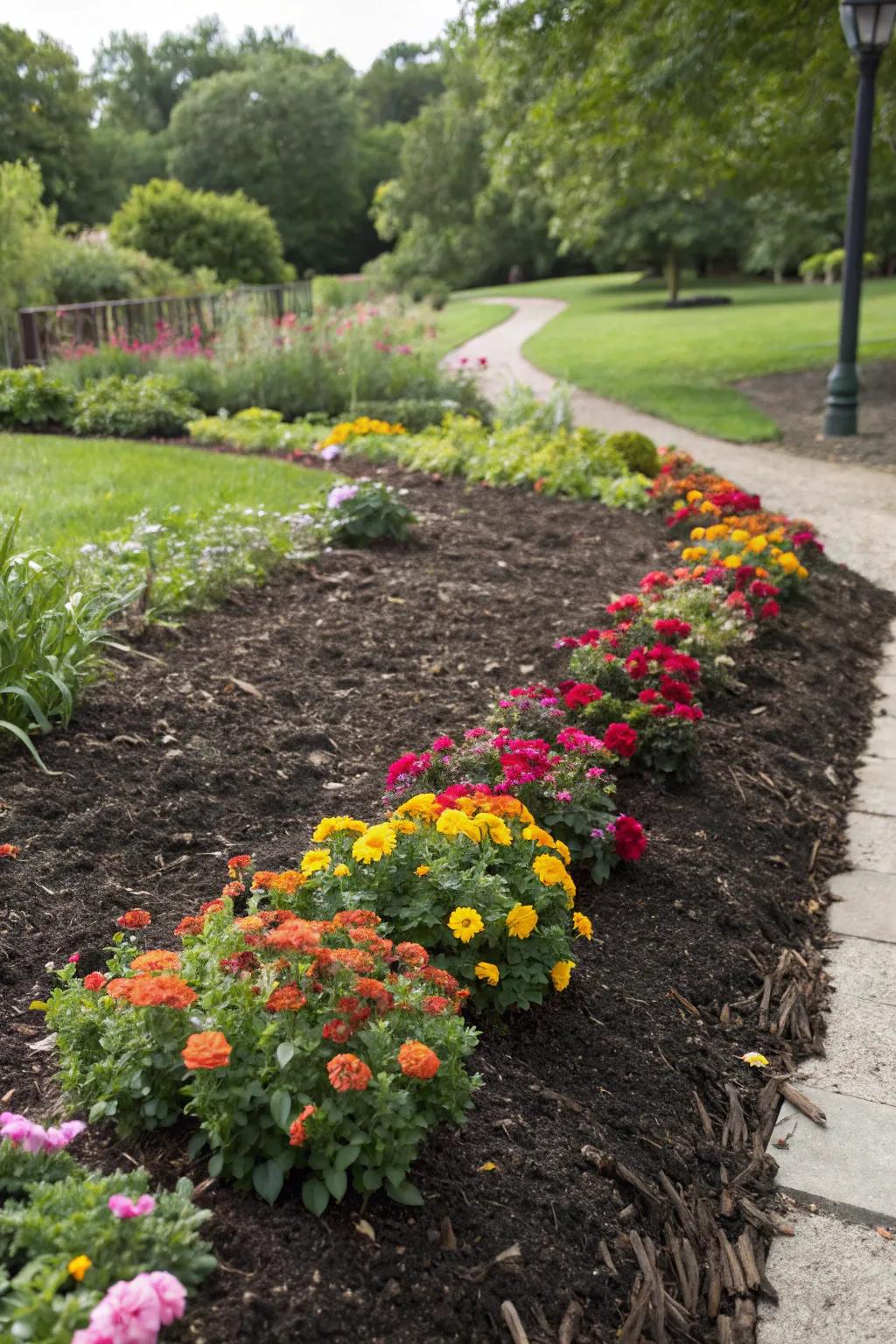 A garden bed enriched with organic mulch, promoting healthy plant growth.