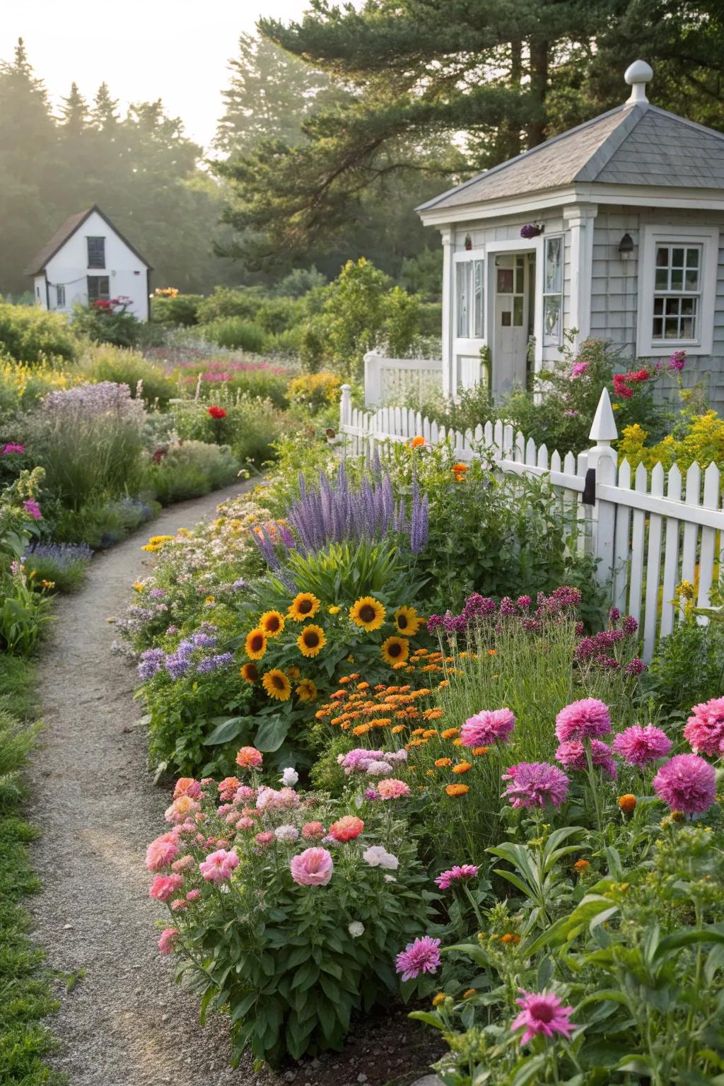 A charming cottage garden with an enchanting mix of flowers.