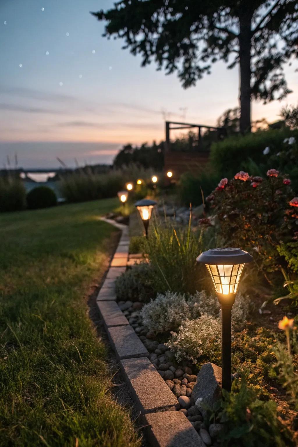 A garden beautifully lit by soft, eco-friendly solar lights.