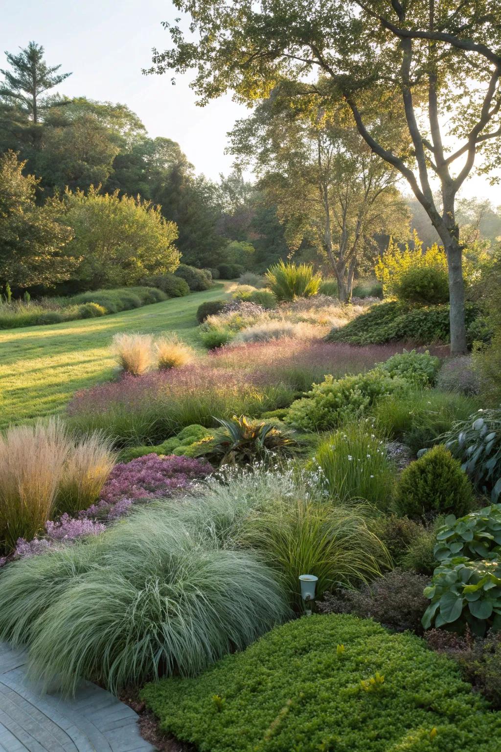 A sustainable garden featuring ornamental grasses and groundcovers.