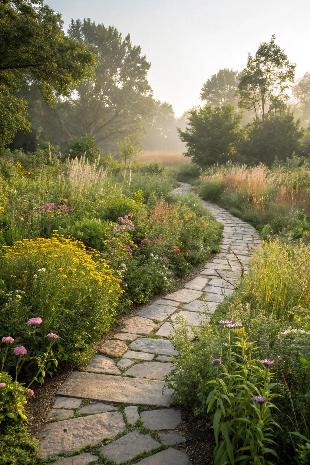 A charming stone pathway meandering through a lush garden.