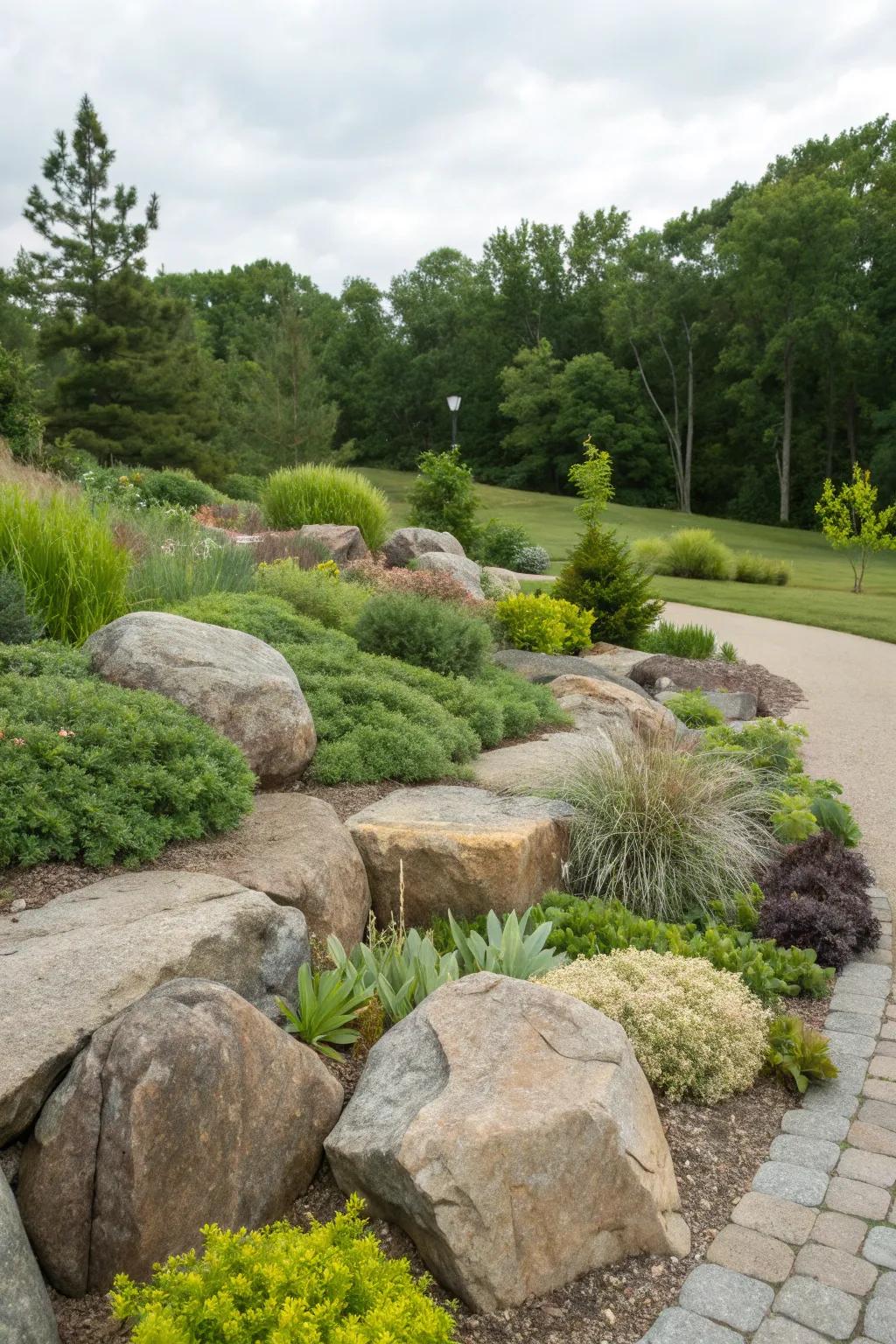 An artistic rock garden with boulders and drought-tolerant plants.