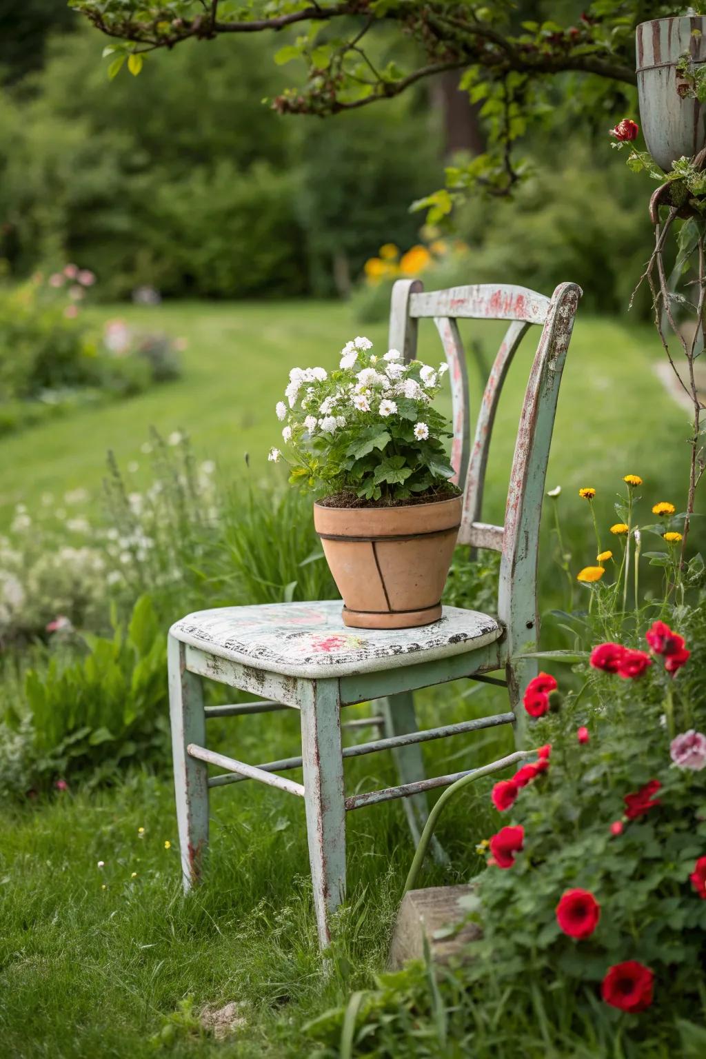 Repurpose a chair into a charming garden planter.