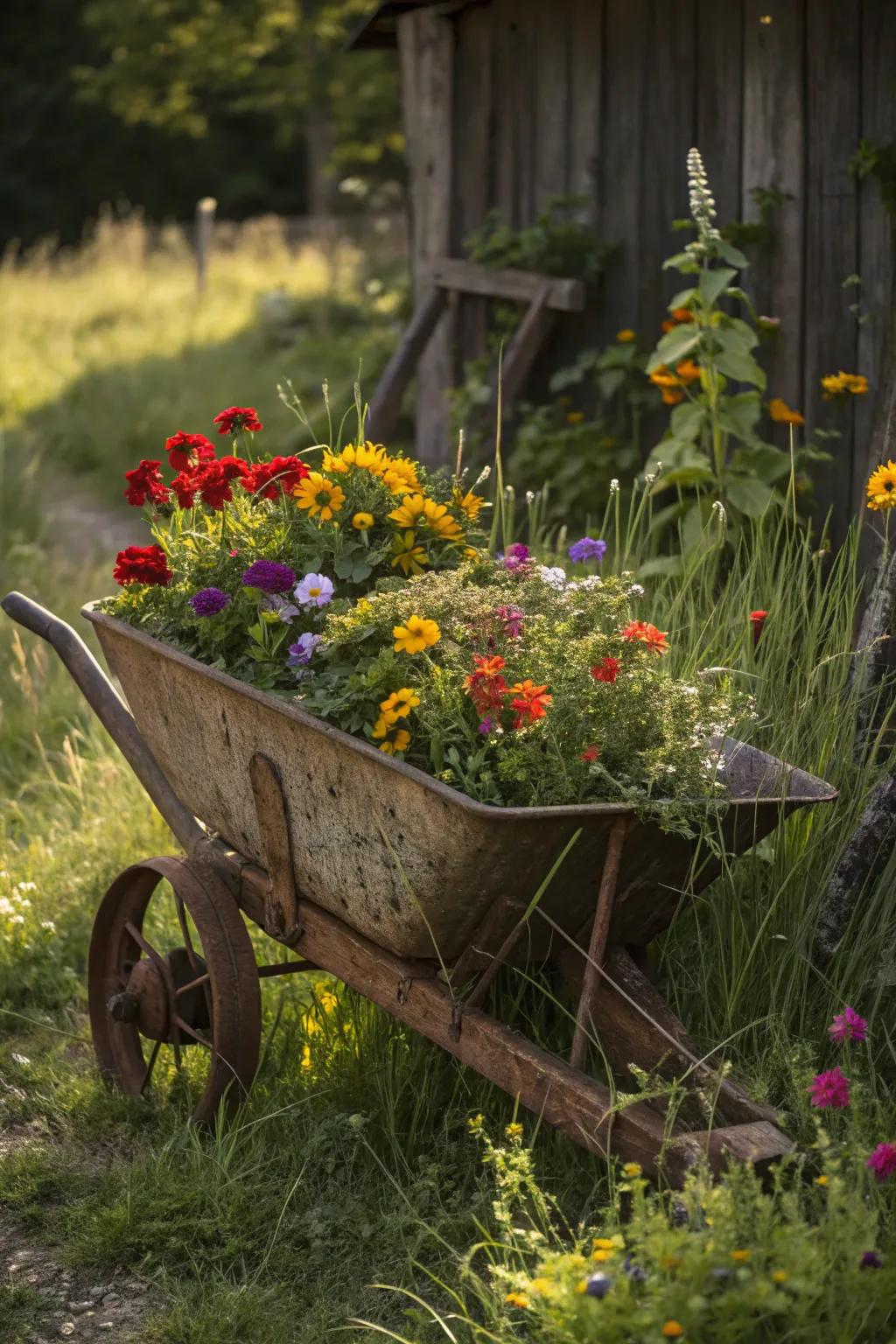 A vintage wheelbarrow transformed into a blooming masterpiece.