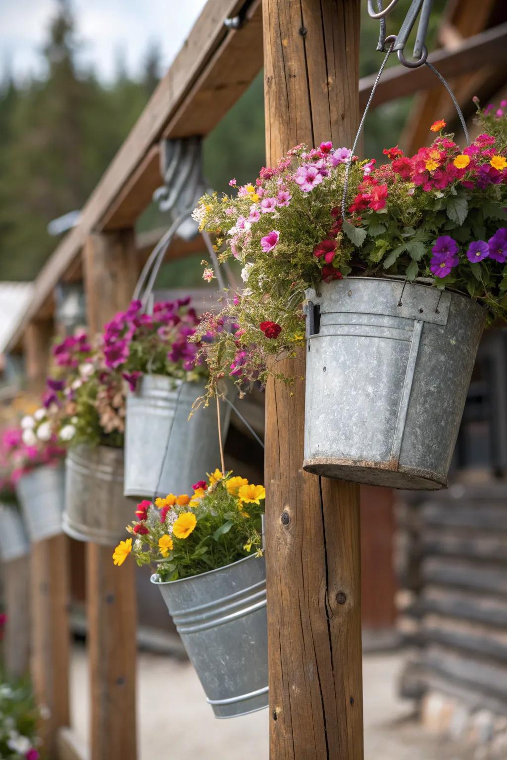 Hanging bucket planters add vertical charm to any garden.