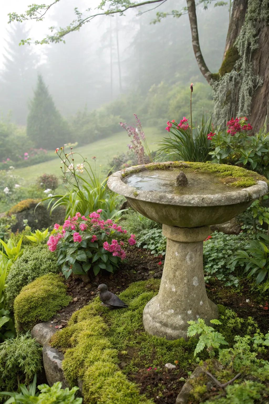A stone birdbath adds a natural element to your garden.