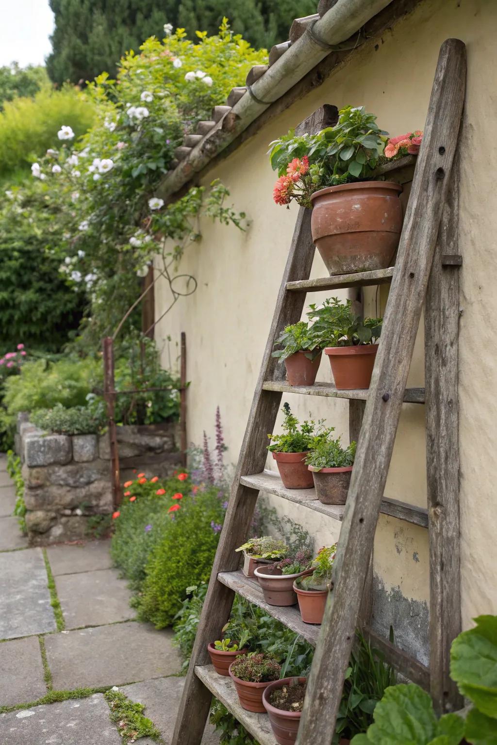 Ladders provide a creative way to display multiple plants.