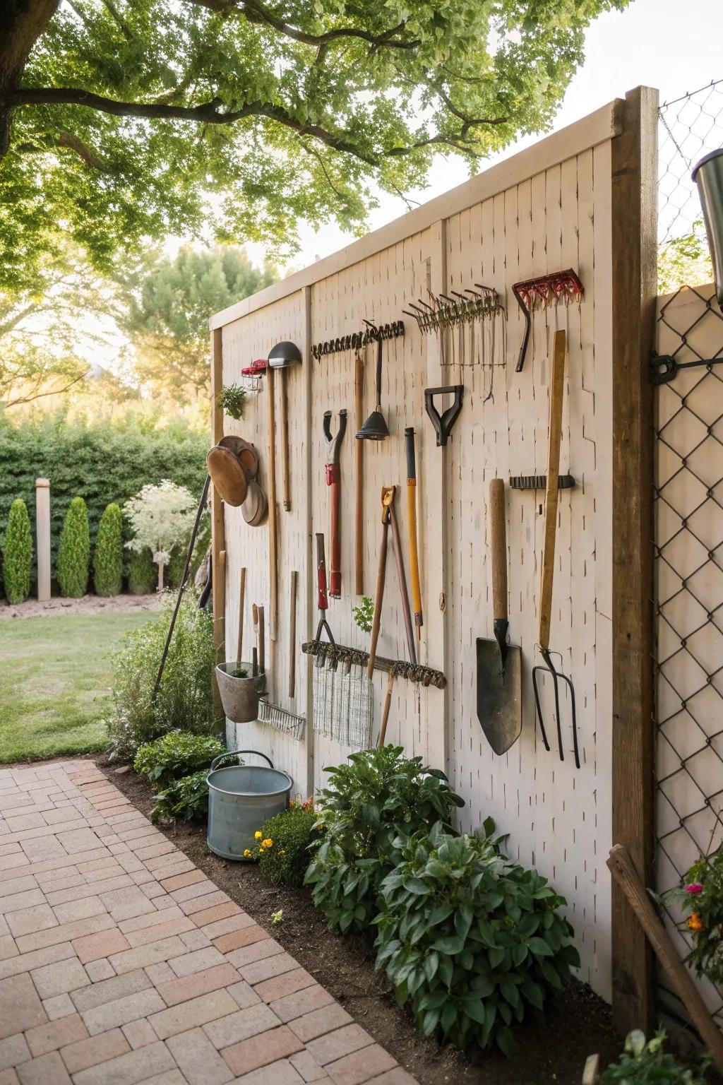 Upcycled tools bring a rustic touch to garden decor.