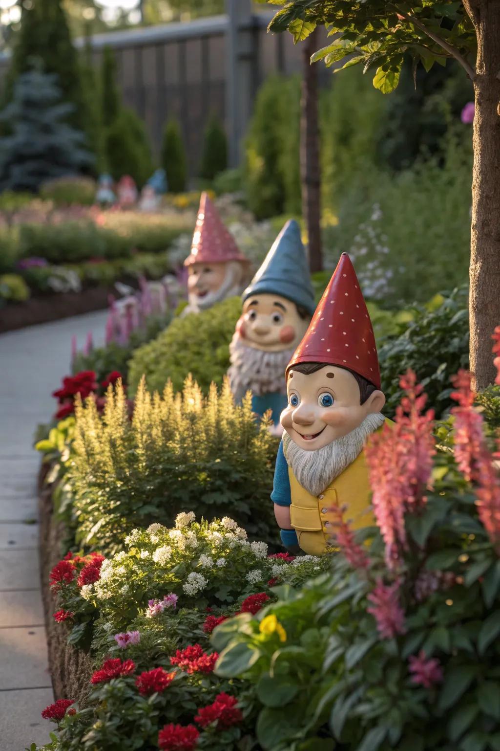 Garden gnomes add a playful and whimsical touch.