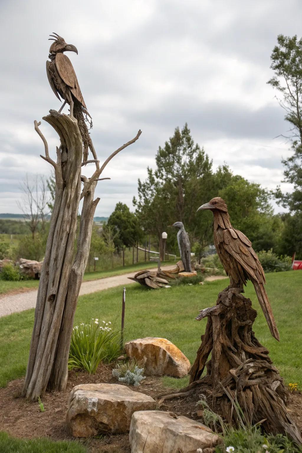 Rustic sculptures add an unexpected artistic flair to your garden.
