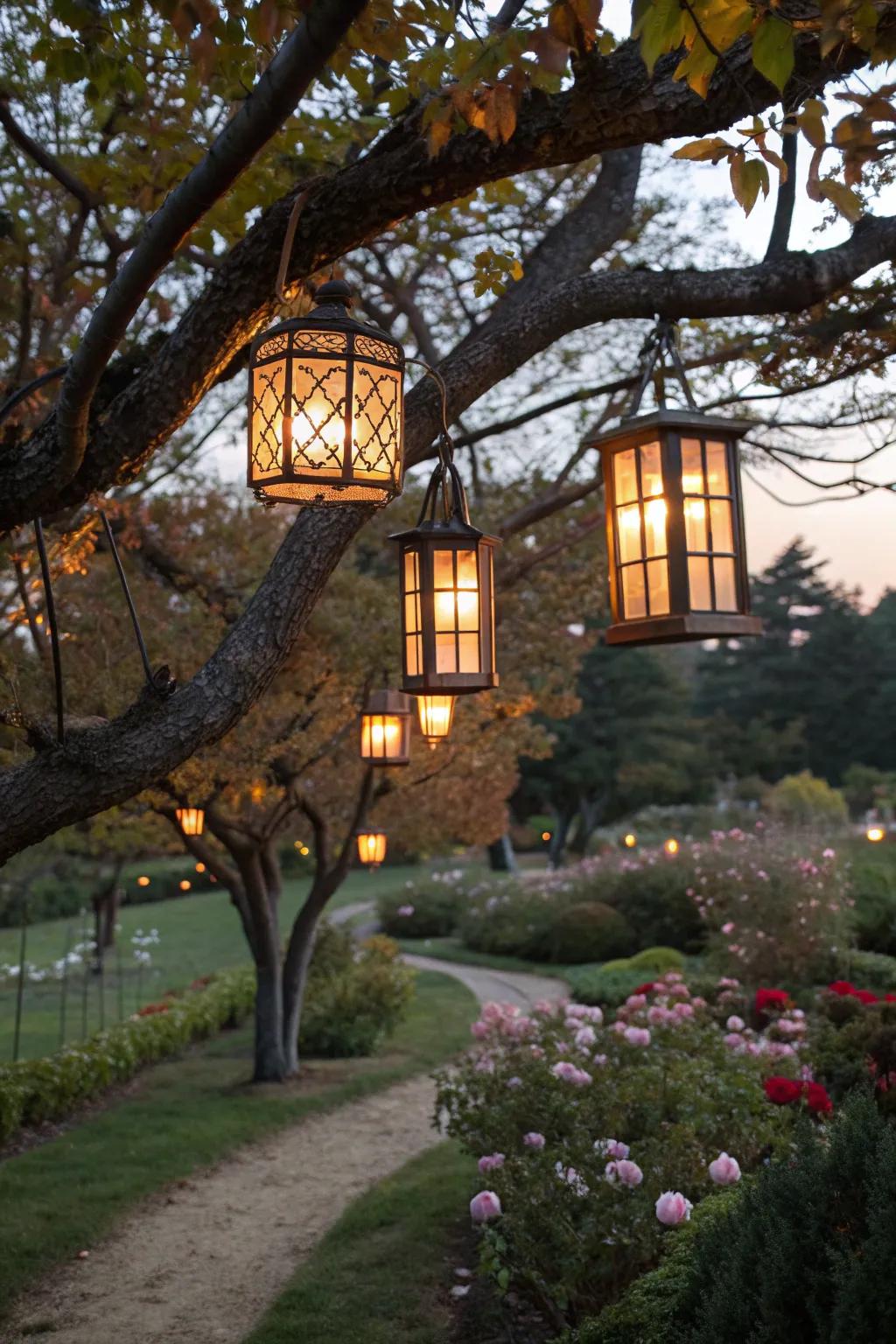Hanging lanterns create a magical evening garden atmosphere.