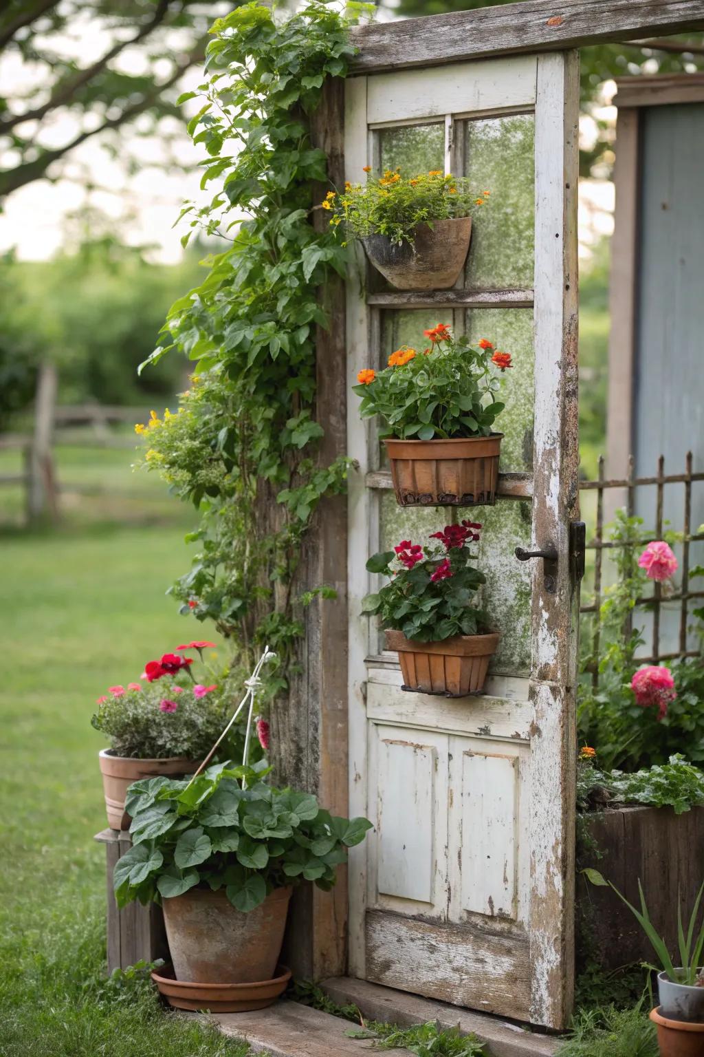 A vintage door becomes a unique garden feature.