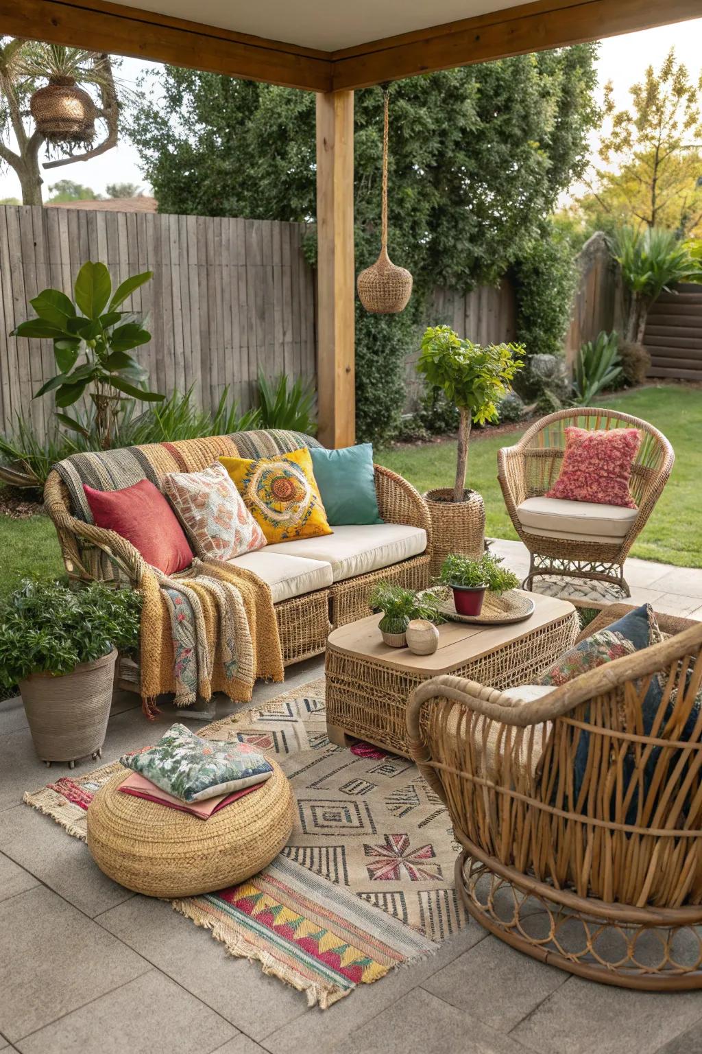 Rattan textures lend a bohemian charm to patios.