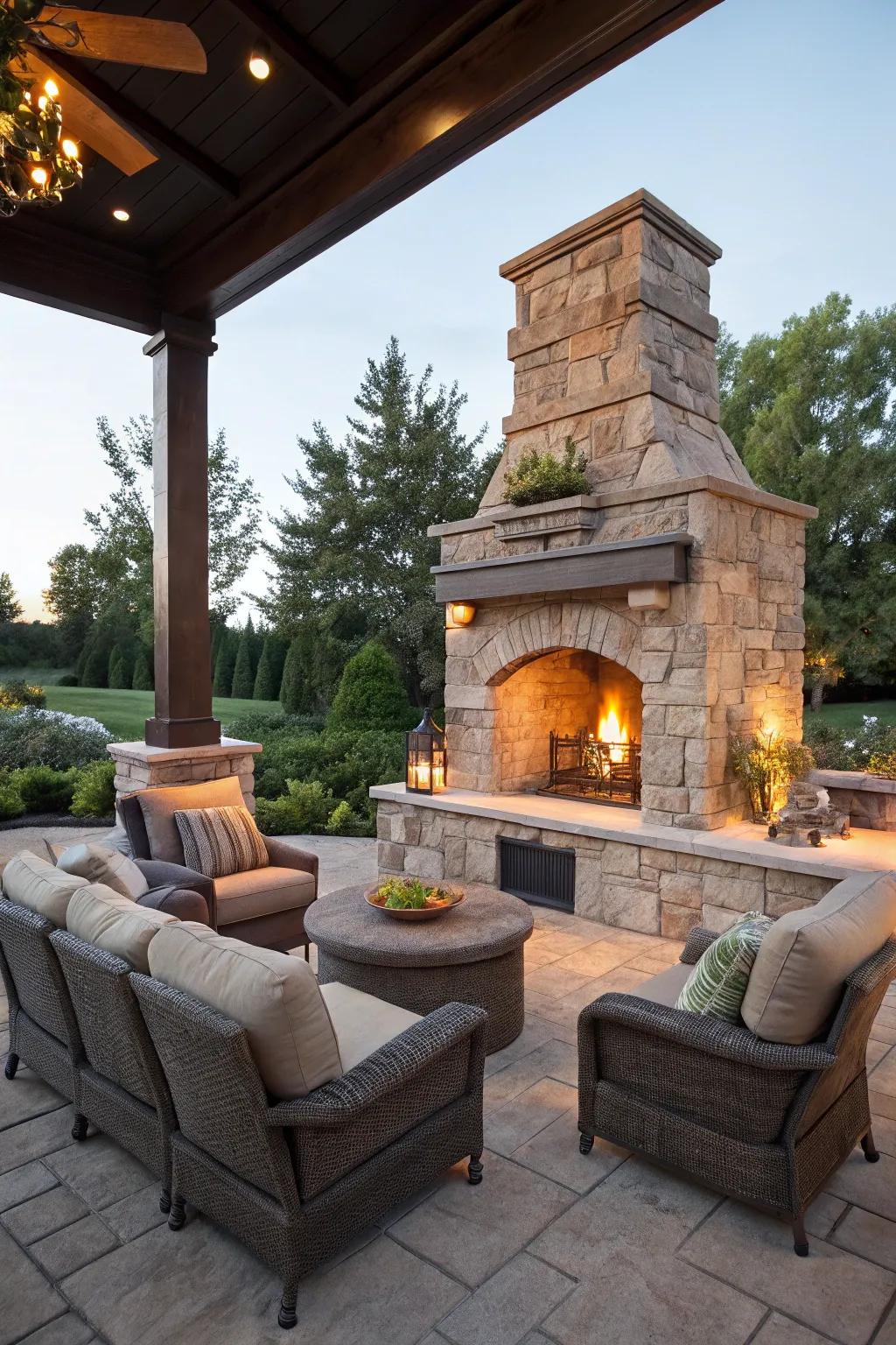 An outdoor fireplace brings rustic charm and warmth.