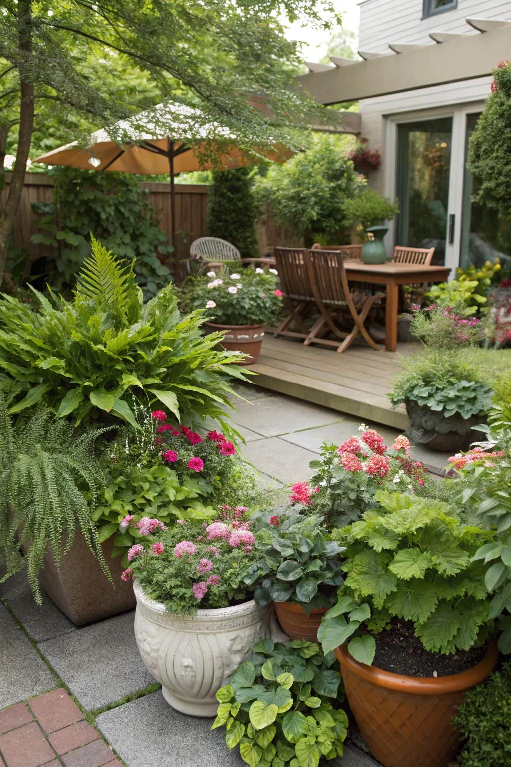 Lush greenery transforms patios into vibrant retreats.