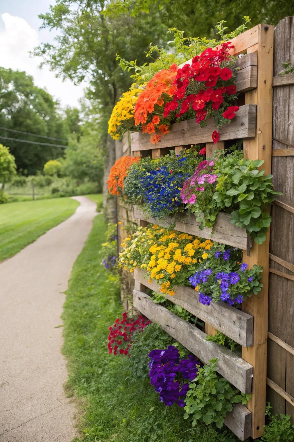 Pallet gardens bring vertical rainbow colors to your space.