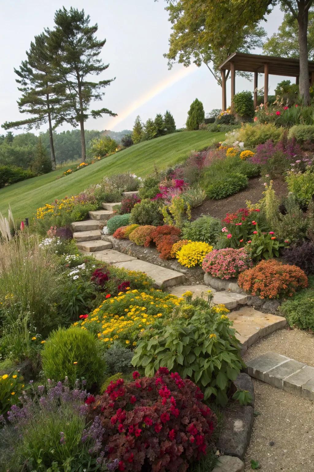 Layered planting creates a rainbow of depth in the garden.