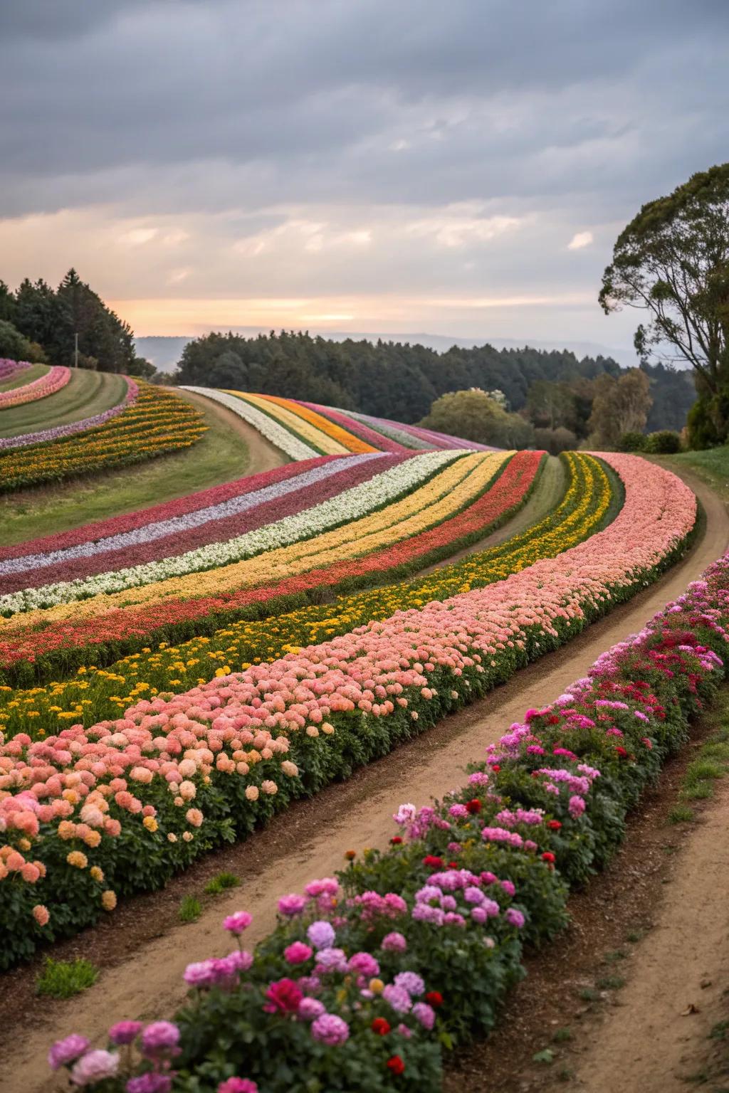 Curved rows of flowers forming a rainbow gradient in the garden.