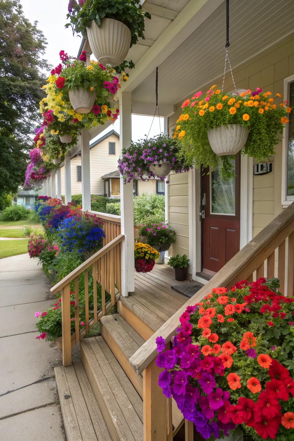 Hanging rainbow baskets bring color to eye level.