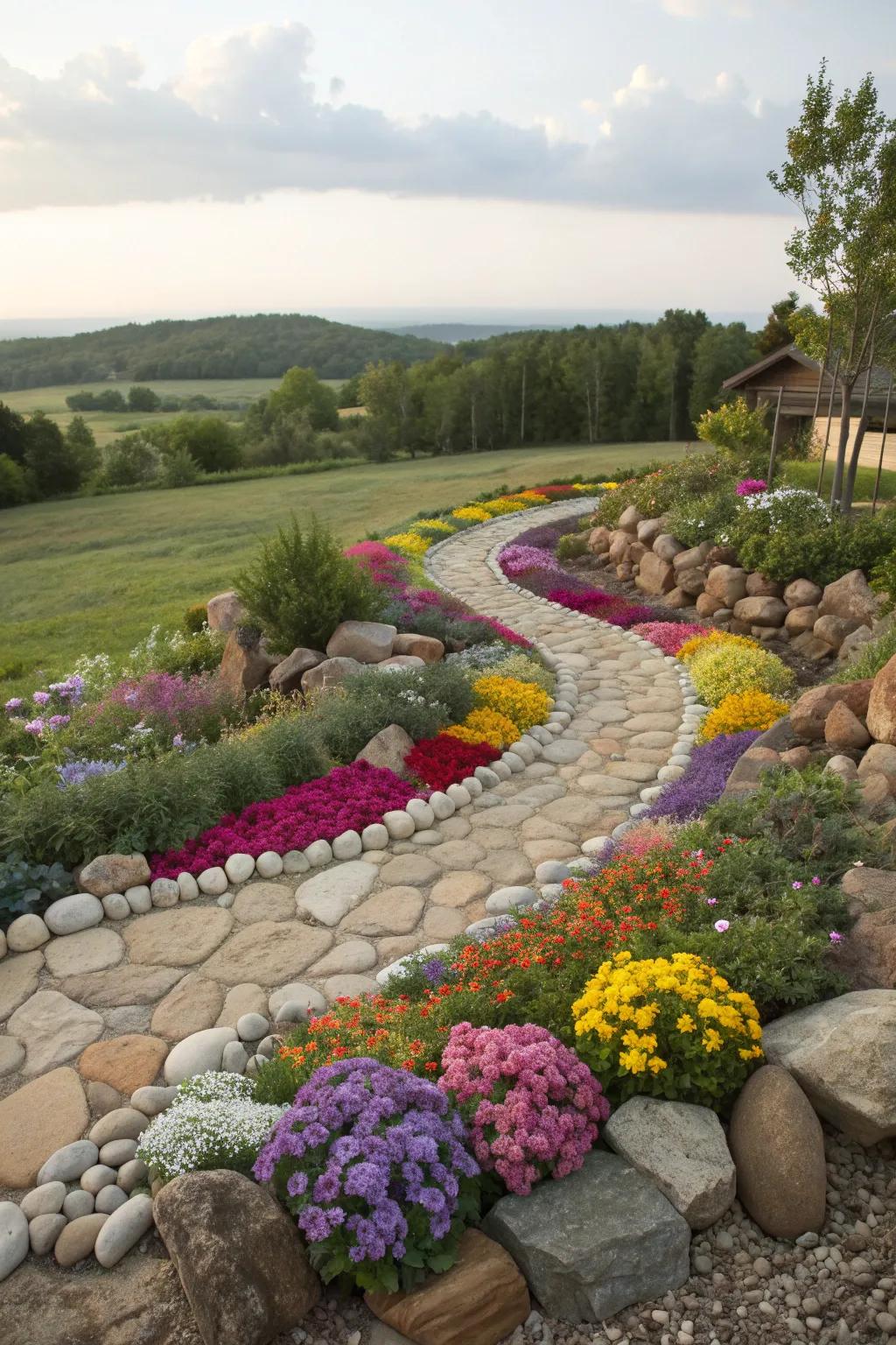 Colorful rock gardens add textural interest and color.