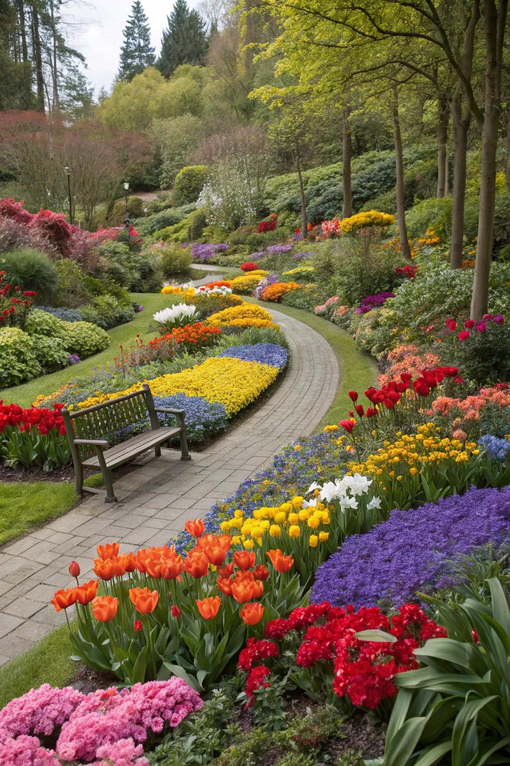 Seasonal rotations keep the rainbow garden vibrant year-round.