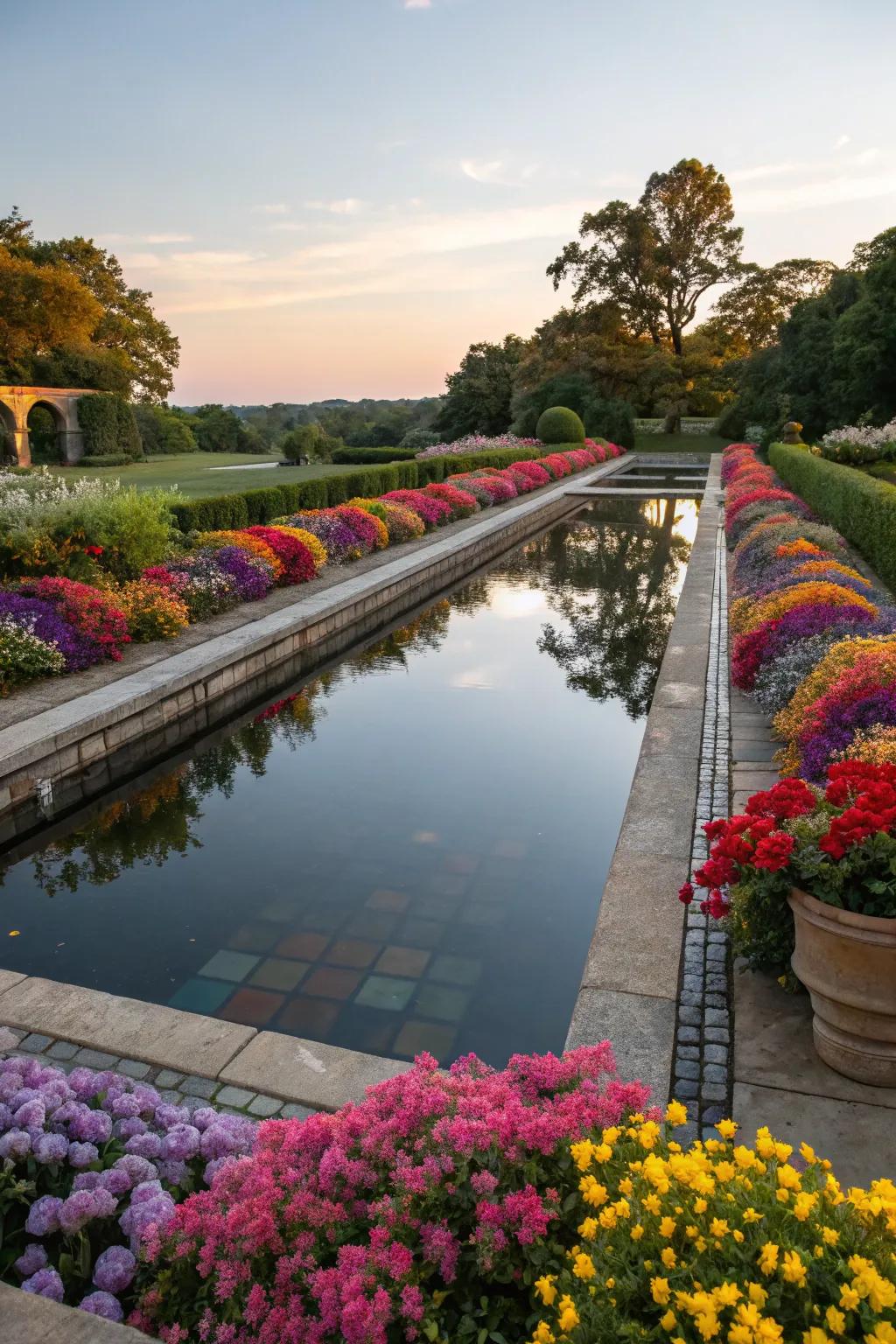 Water features double the vibrancy of a rainbow garden.