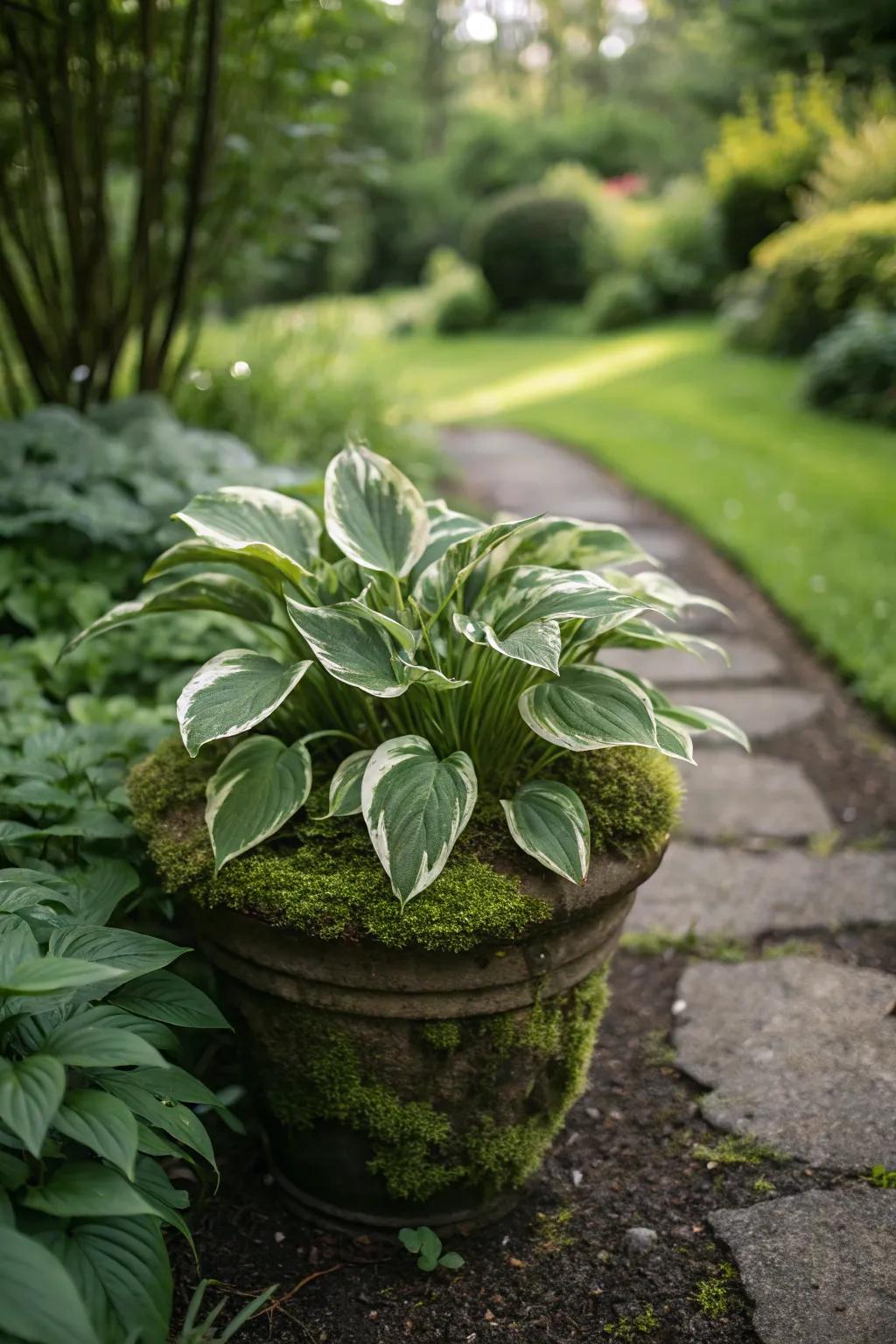 Lush hostas accented with a carpet of moss in a decorative pot.