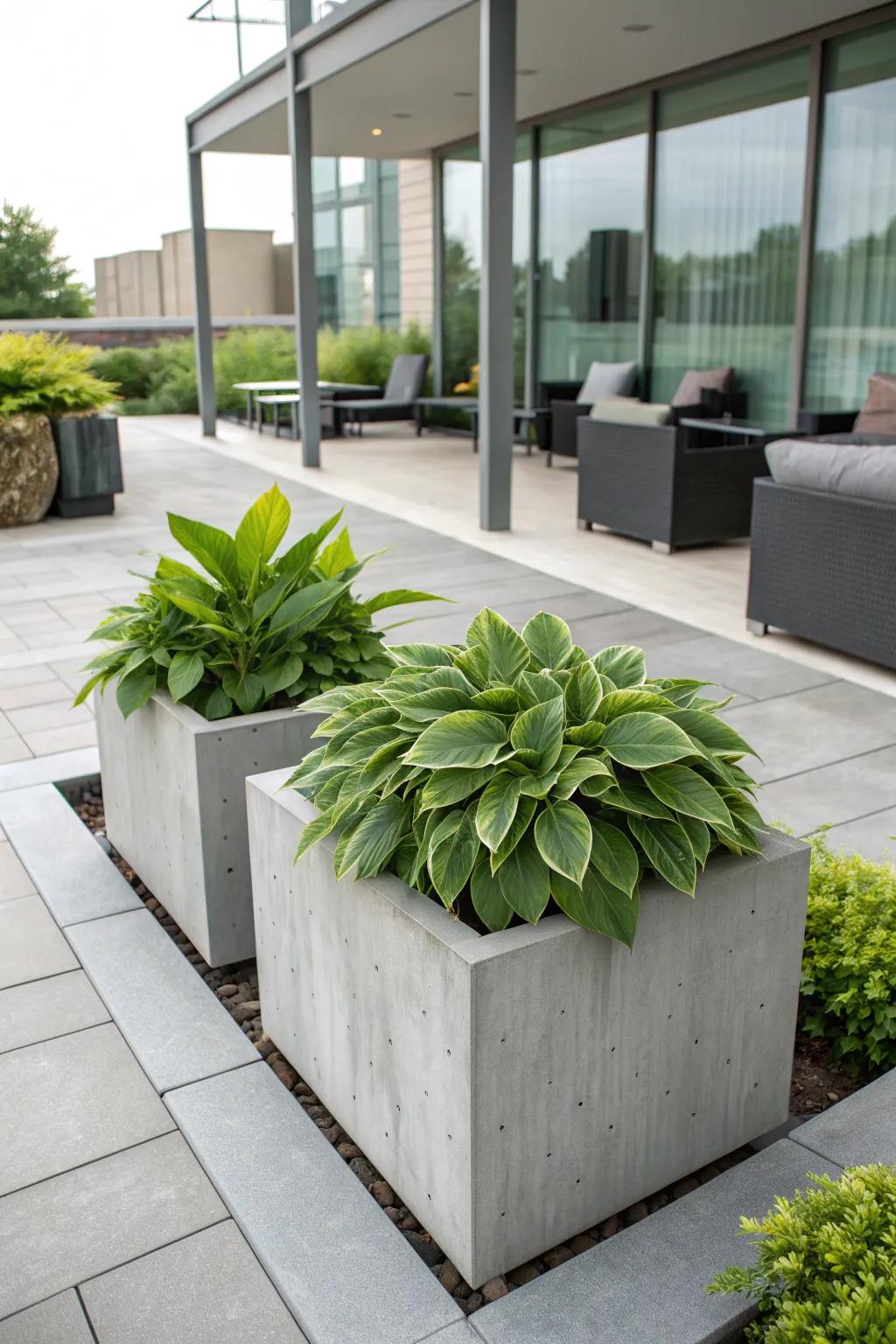 Chic hostas in concrete planters, adding a modern touch to a stylish patio.