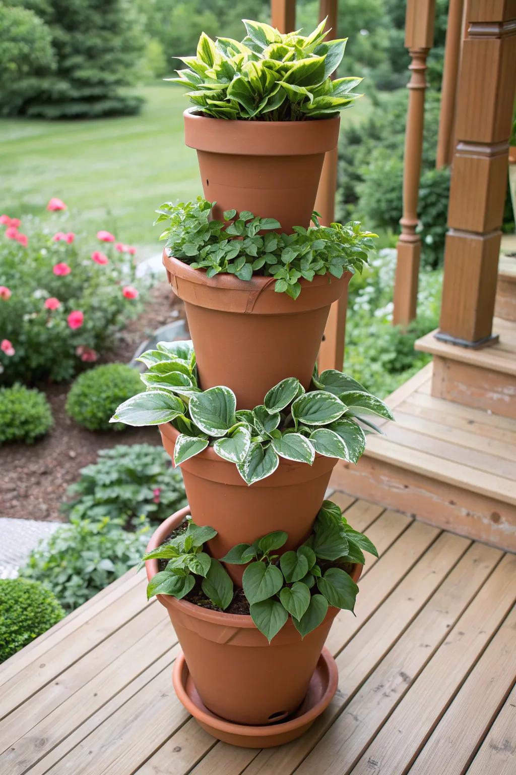 A tiered tower of terracotta pots with hostas, adding height to the deck.