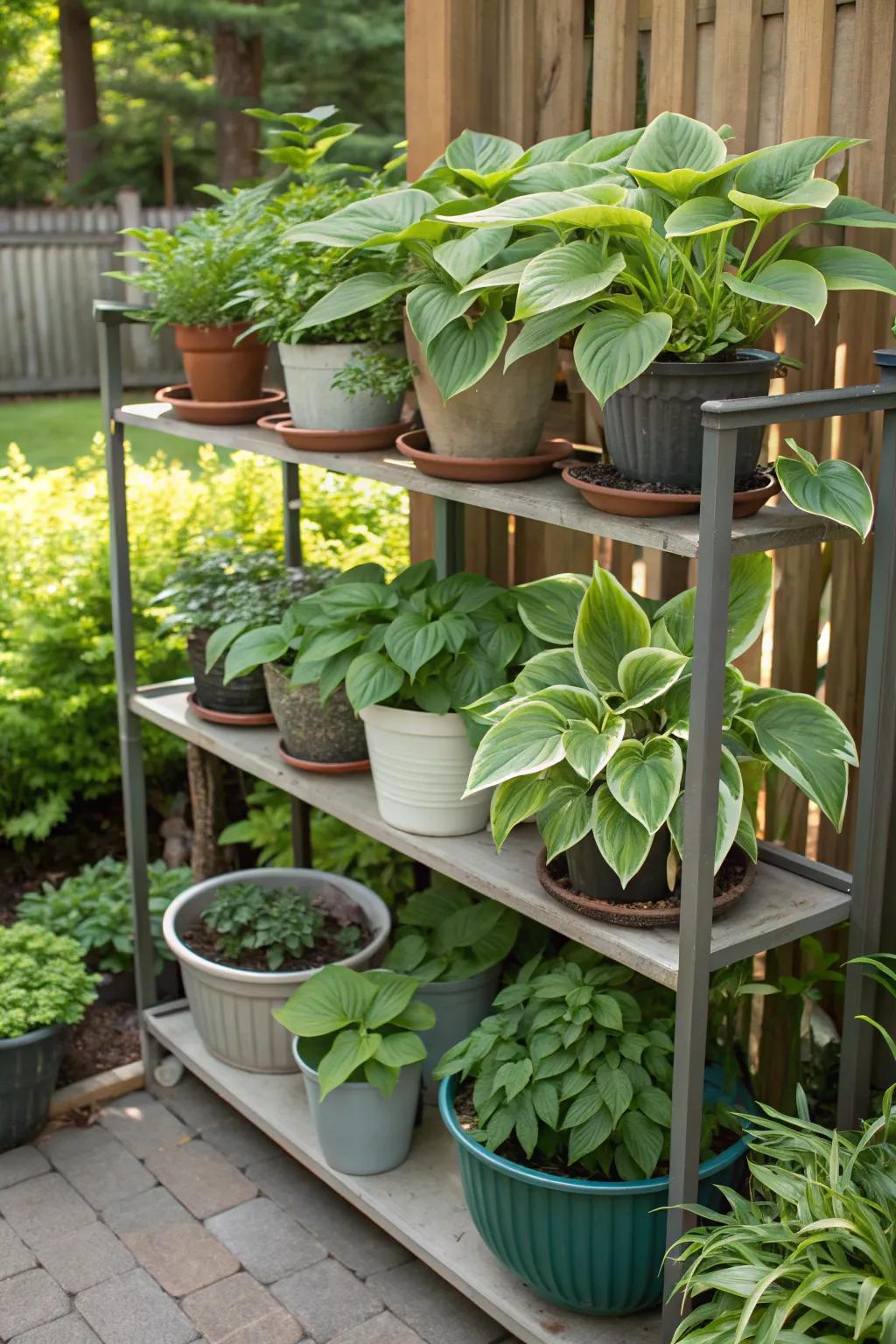 A tiered arrangement of hostas creating a lush garden centerpiece.