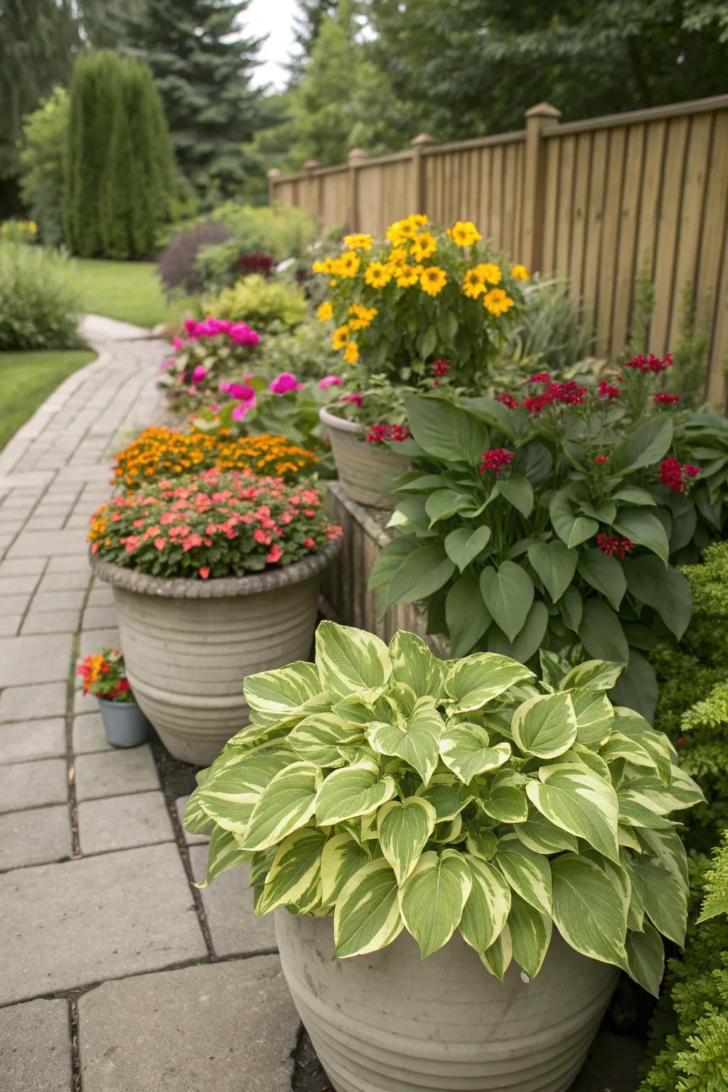 A vibrant mix of hostas and colorful annuals in large garden pots.