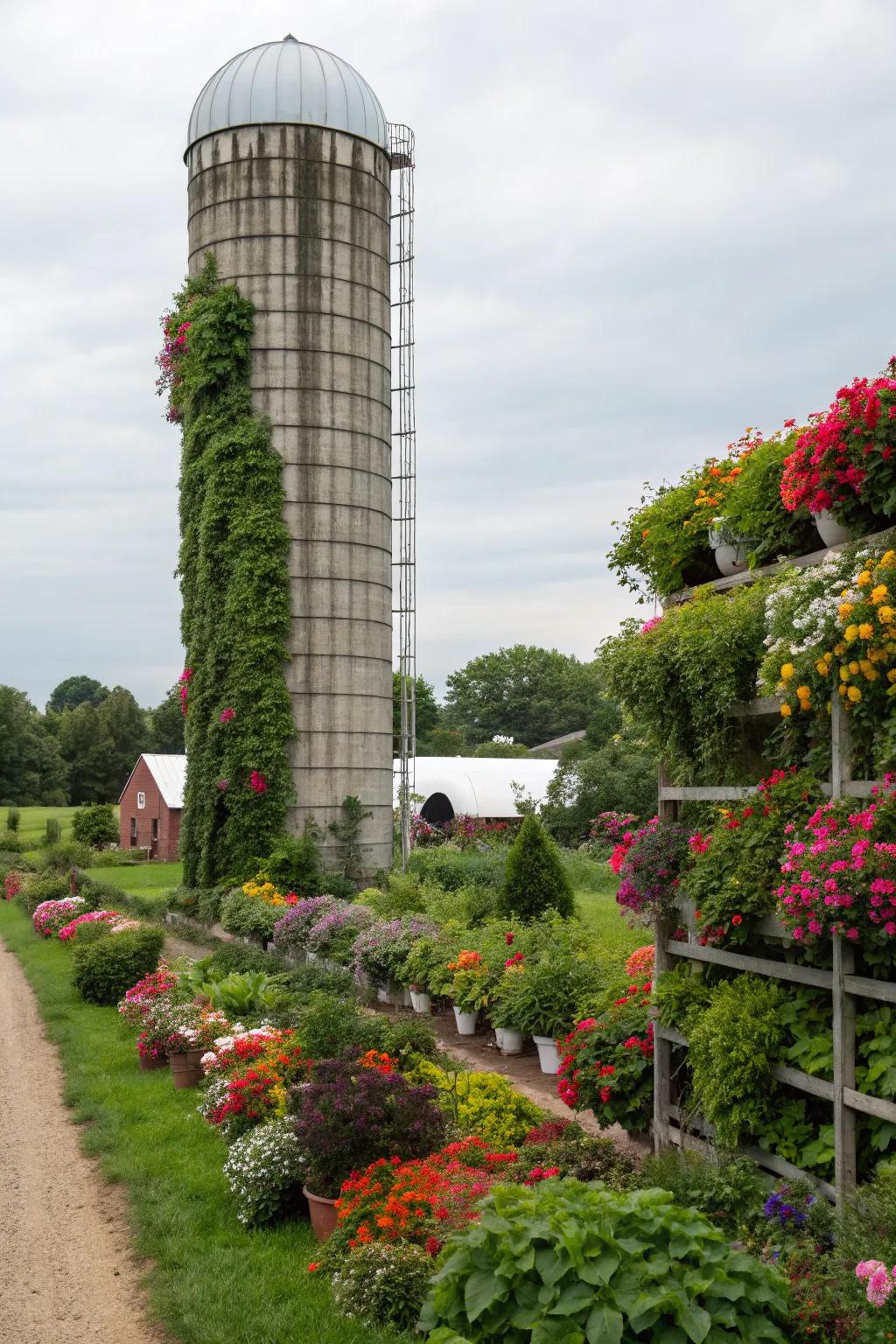 A silo serves as the centerpiece of a beautiful, blooming garden.