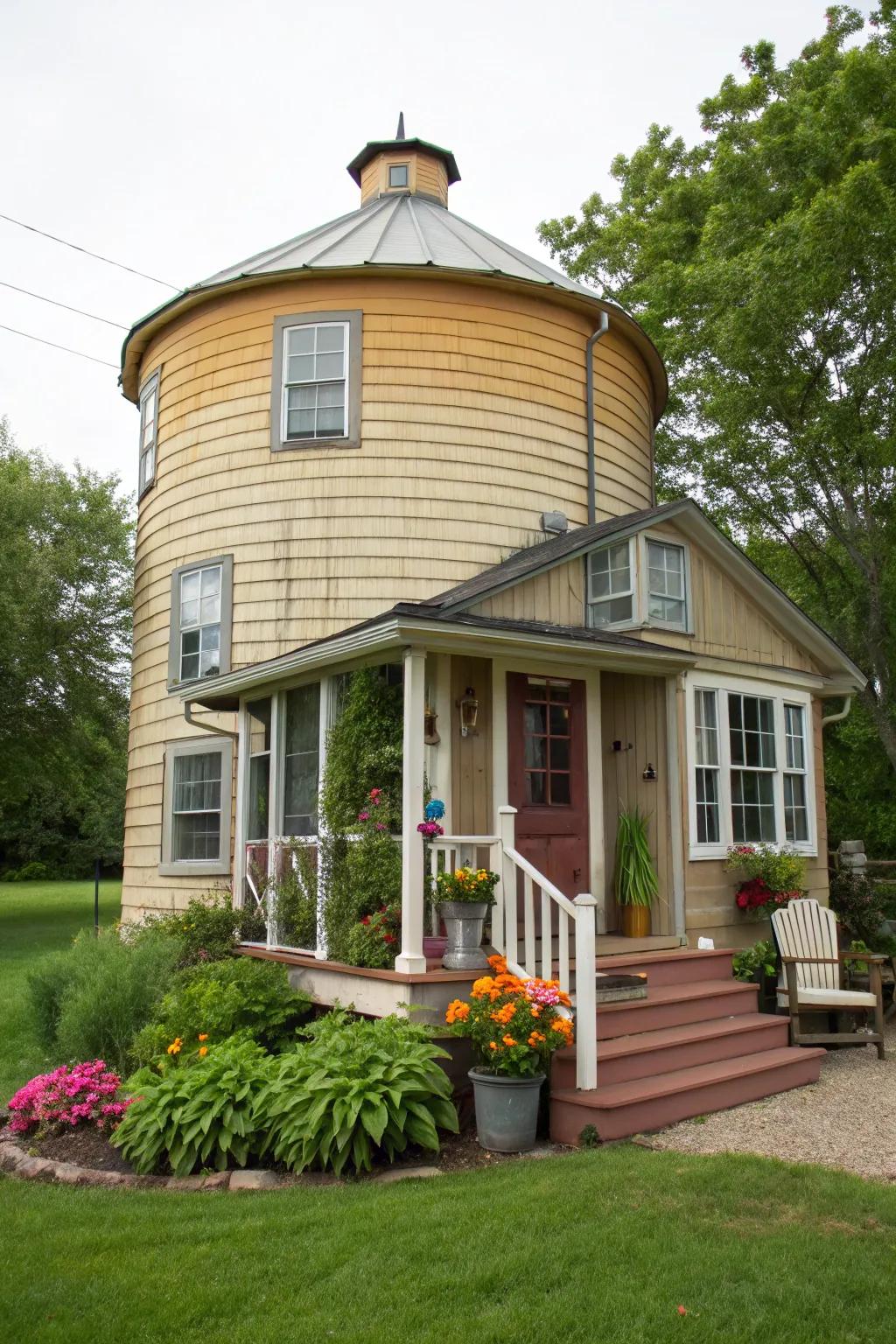 A silo transformed into a charming abode, perfect for those who love unique living spaces.