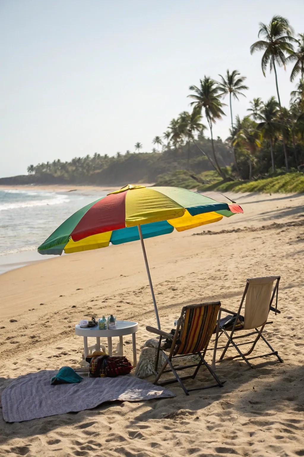 A vibrant beach umbrella adds both style and shade.