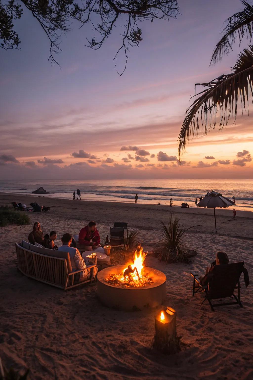 A fire pit keeps the beach vibes warm and inviting after sunset.