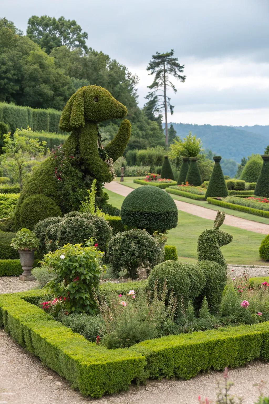 Topiary art that brings a whimsical touch to the traditional garden.