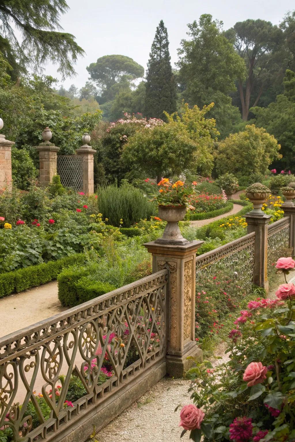 Ornamental fencing that defines and enhances the garden's classic look.