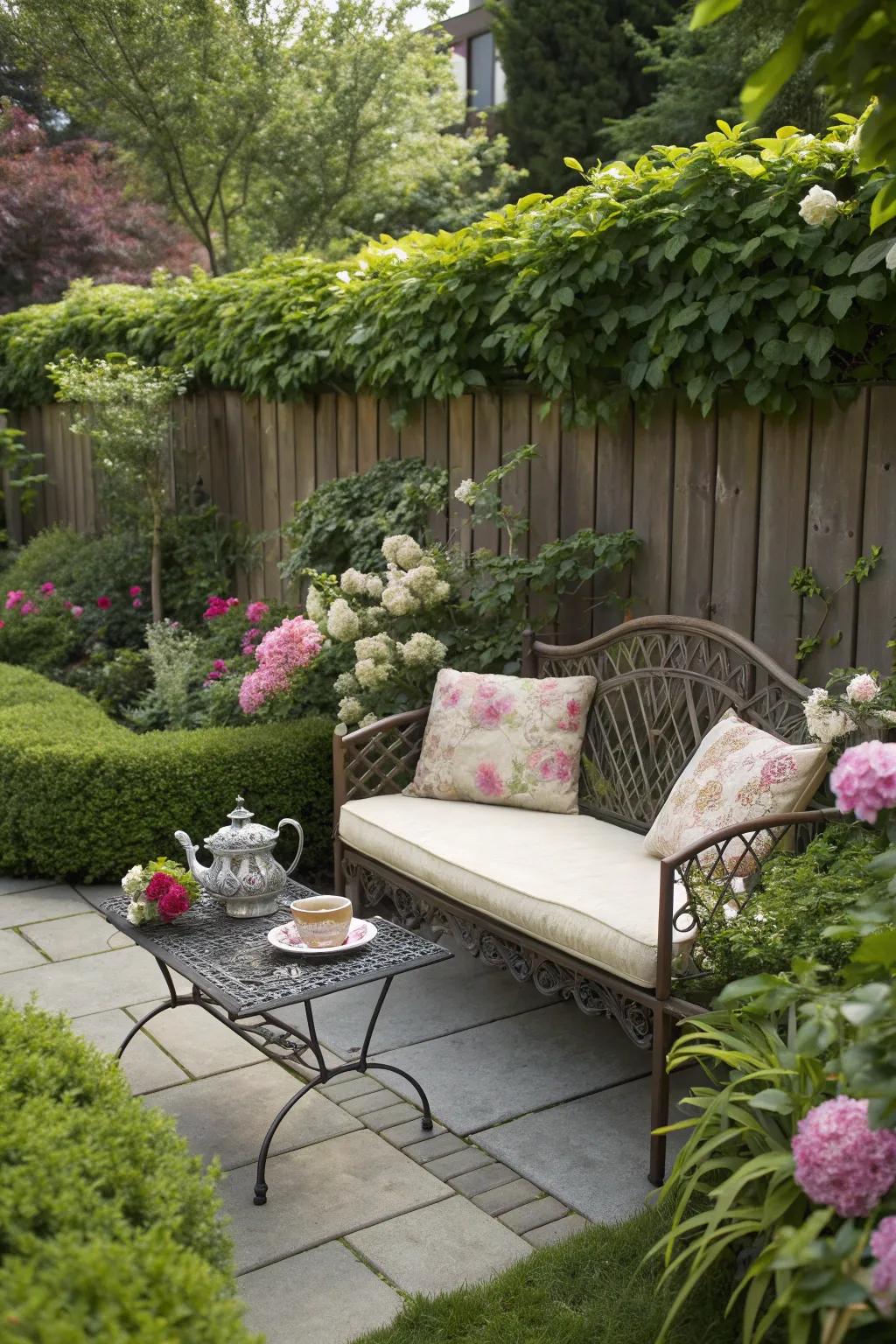 A secluded seating area perfect for enjoying a peaceful garden retreat.
