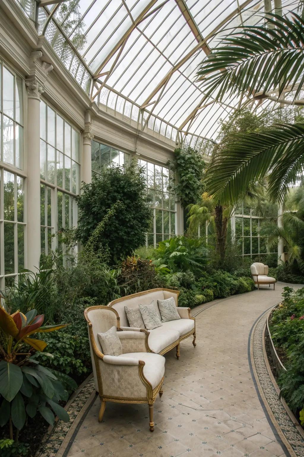 A conservatory that serves as a sunlit haven for both plants and people.