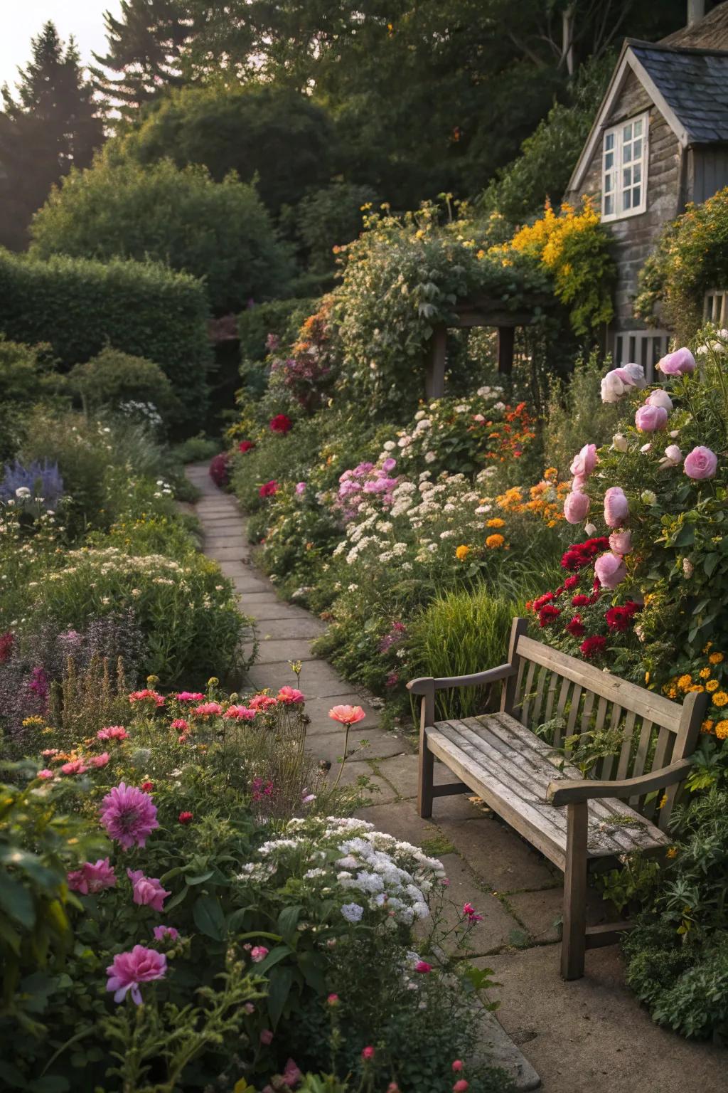 A cottage garden bursting with color and character.