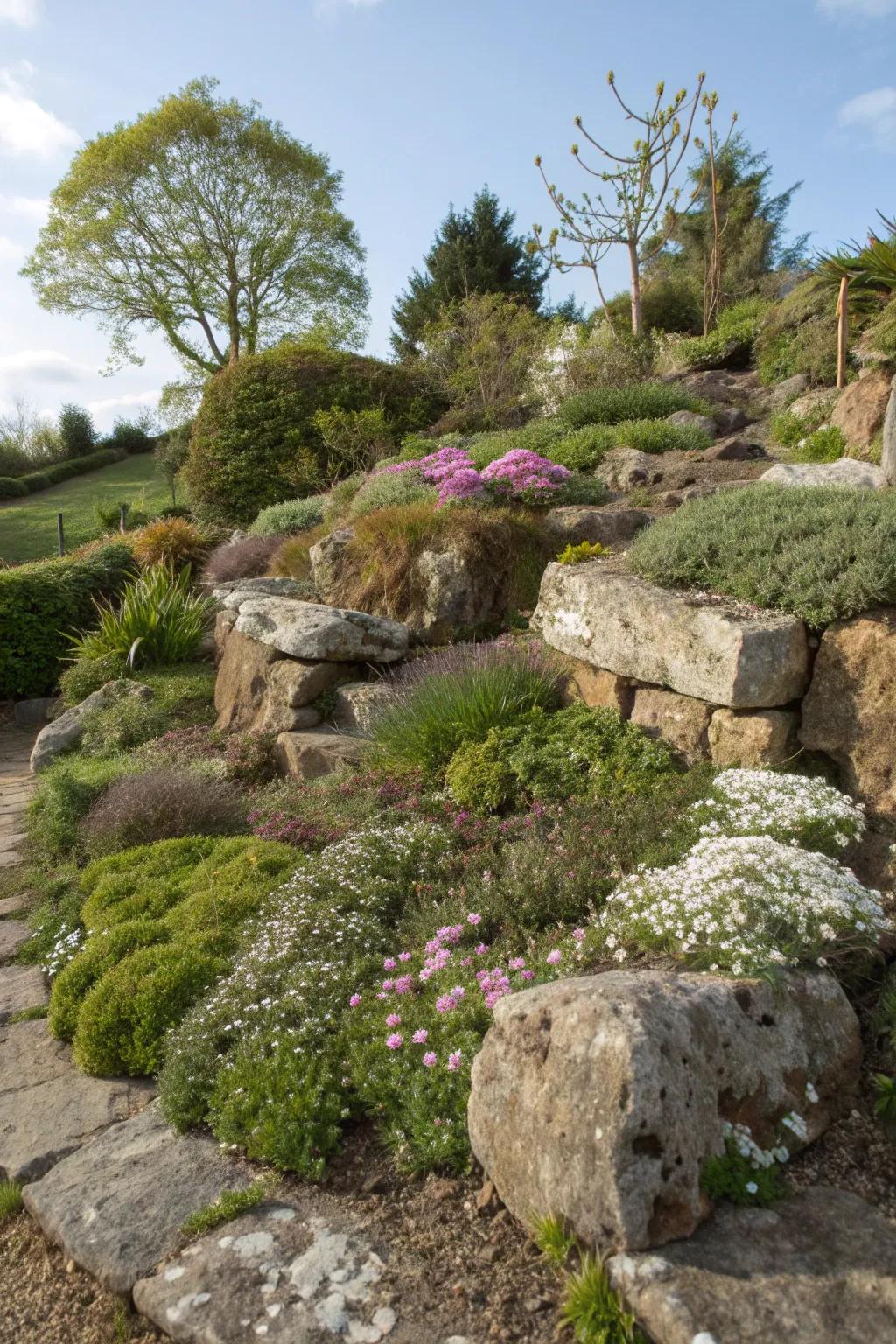 A rockery that offers a rustic and natural touch to the garden.