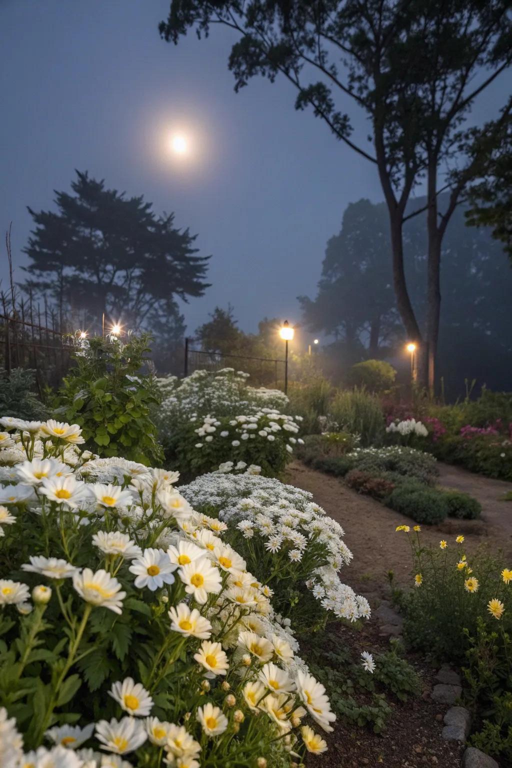 A moonlight garden that enchants with its glowing beauty at night.