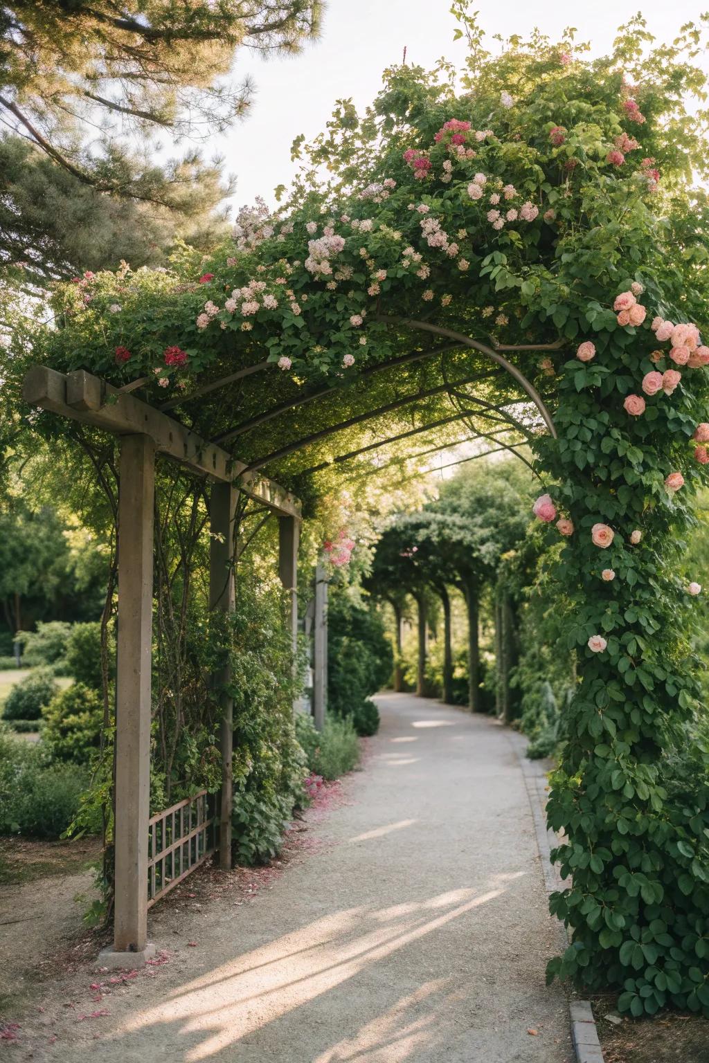 Climbing vines that add depth and lushness to garden structures.