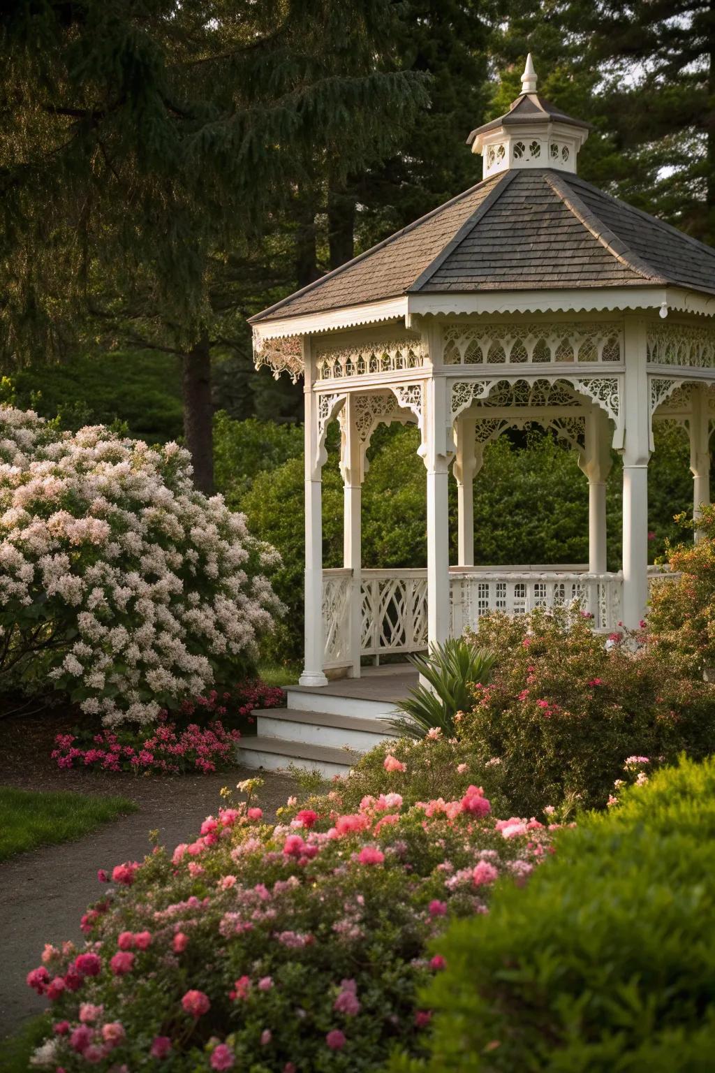 A charming gazebo that invites you to relax and enjoy the garden.
