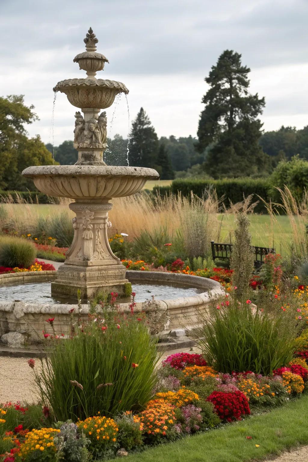 An elegant fountain that adds a soothing presence to the garden.