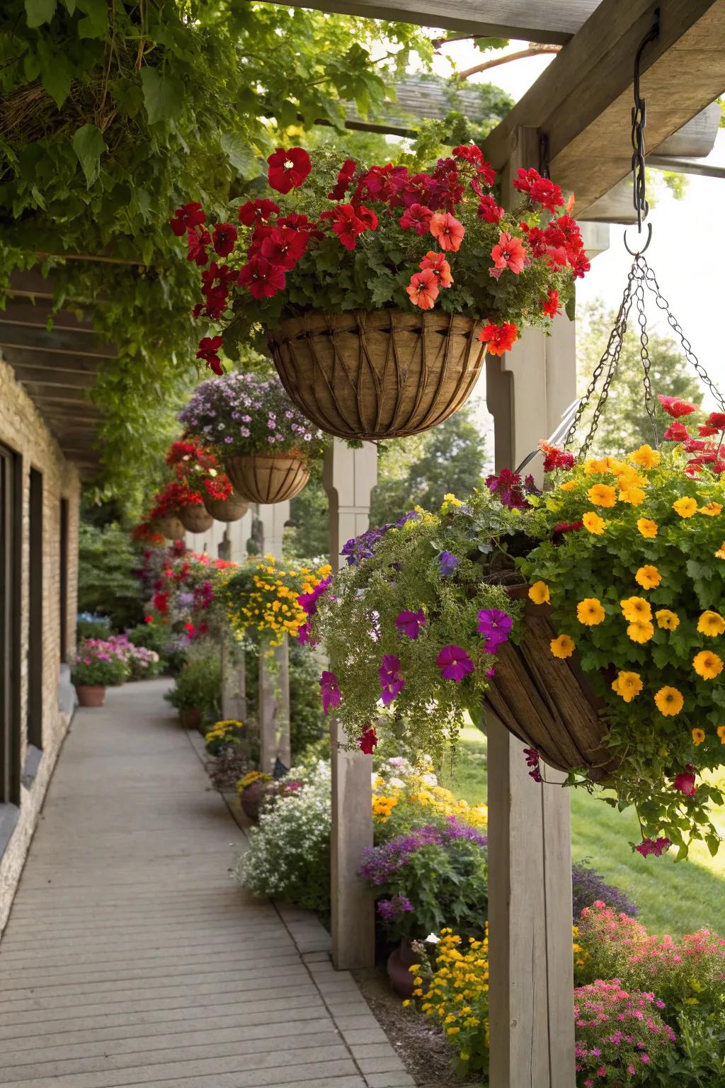 Hanging baskets that bring a colorful touch to any vertical space.